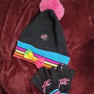 JoJo Siwa Black Pom Pom Beanie and Gloves Set with Rainbow Trim